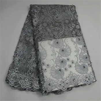 

Beautiful Fashon Style Grey Color Embroidery French Net Lace Fabric With Beads Tulle Lace Fabric For Making Wedding Dress