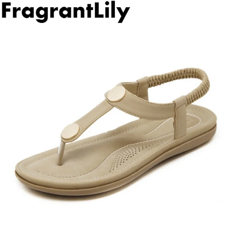 FragrantLily 2018 summer Solid color Rome Leisure Elastic band Women flat sandals fashion metal button Simple Beach Woman shoes | Обувь