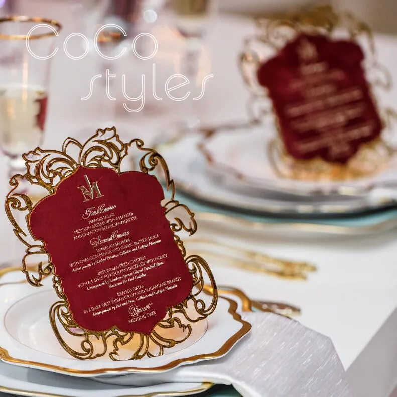 

Cocostyles personalized mysterious laser cut menu card and table card with gold foiling printing for vintage wedding card