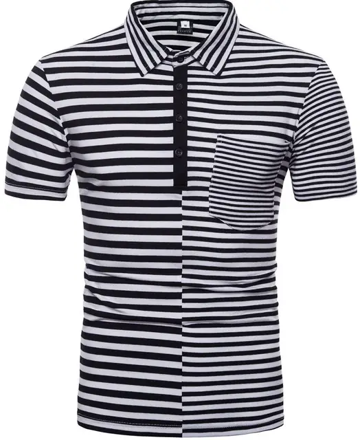 Summer men's new black and white striped patchwork shirt casual men's