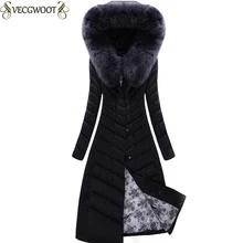 S-4XL зимний длинный пуховик на коленях женский длинный приталенный роскошный черный большой меховой воротник теплый пуховик женский WYT285