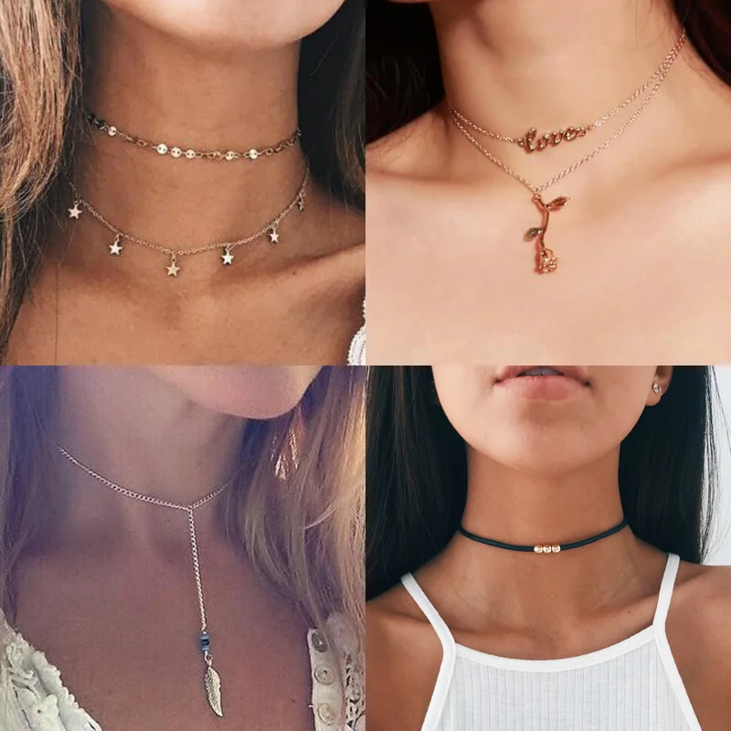 Fashion Girl Multicouche Collier Plume Pendentif Chunky Déclaration Collier Bijoux