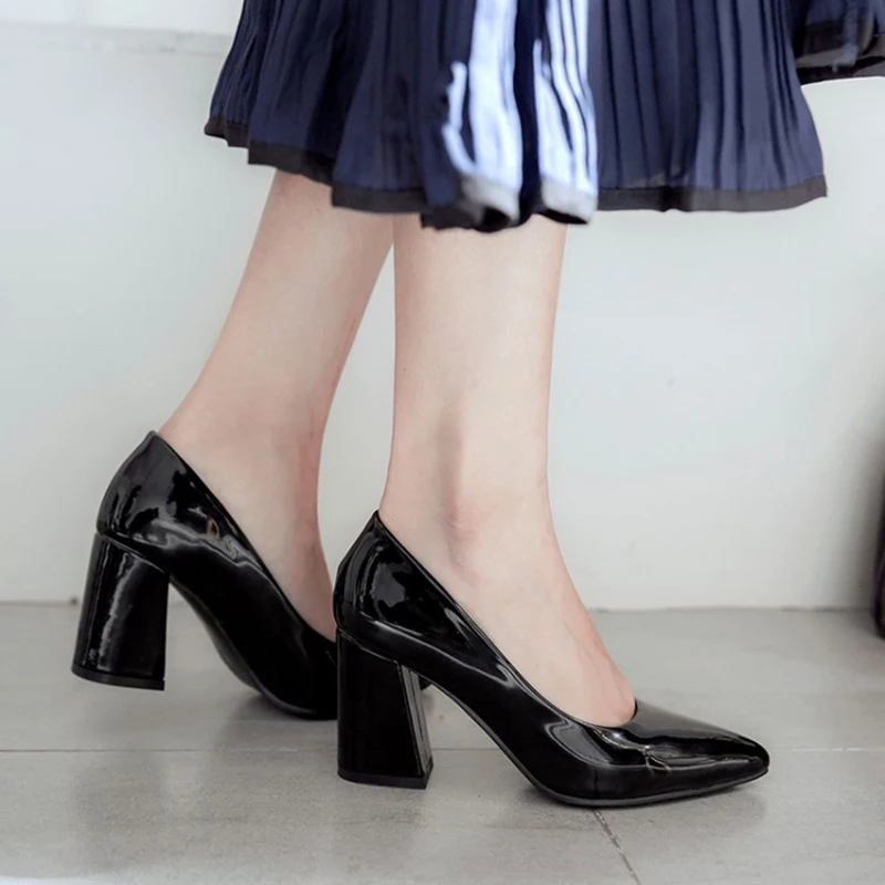 5 Fashion Black Pink Spring Thick Heels Brand Single Ladies Pumps Wedding Shoes Plus Size
