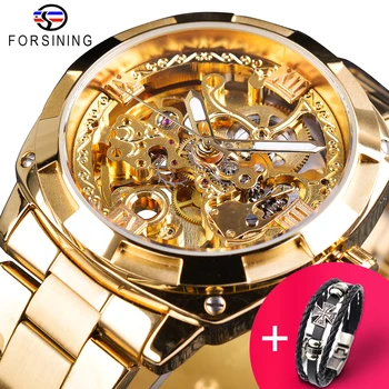 

Forsining Watch + Bracelet Set Combination Retro Men's Automatic Mechanical Top Luxury Full Golden Luminous Hands Skeleton Clock