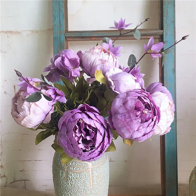 Большой винтажный Европейский Пион Шелковый букет Искусственные цветы пионы для дома свадебное украшение для гостиницы поддельные цветы Флорес - Цвет: Purple