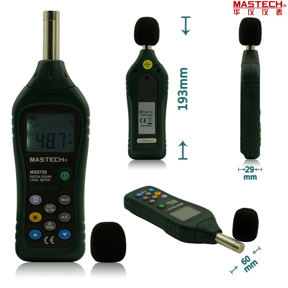

Hot Handheld LCD Digital Display 30dB ~ 130dB Digital Sound Level Meter Noise Meter DB Decibel Level Meter Tester MASTECH MS6708