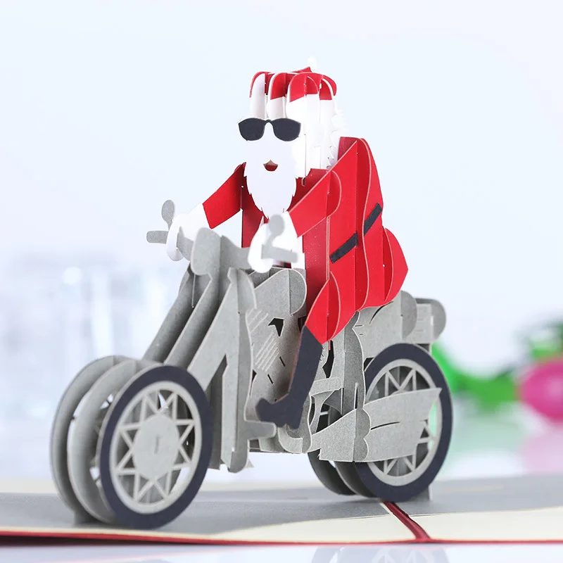 

Laser Cut Hollow 3D Santa Claus with Motorcycle Pop Up Greeting Card Christmas Decoration Postcard Gift Cardstock Craft JK372