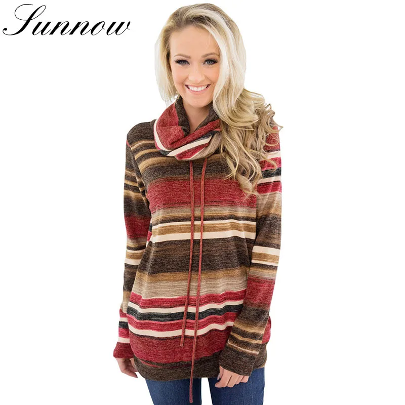 

SUNNOW 2019 Spring Turtleneck Sweatshirt Women Long Sleeve Striped Multicolor Pullovers Female Casual Fashion Tops for Ladies