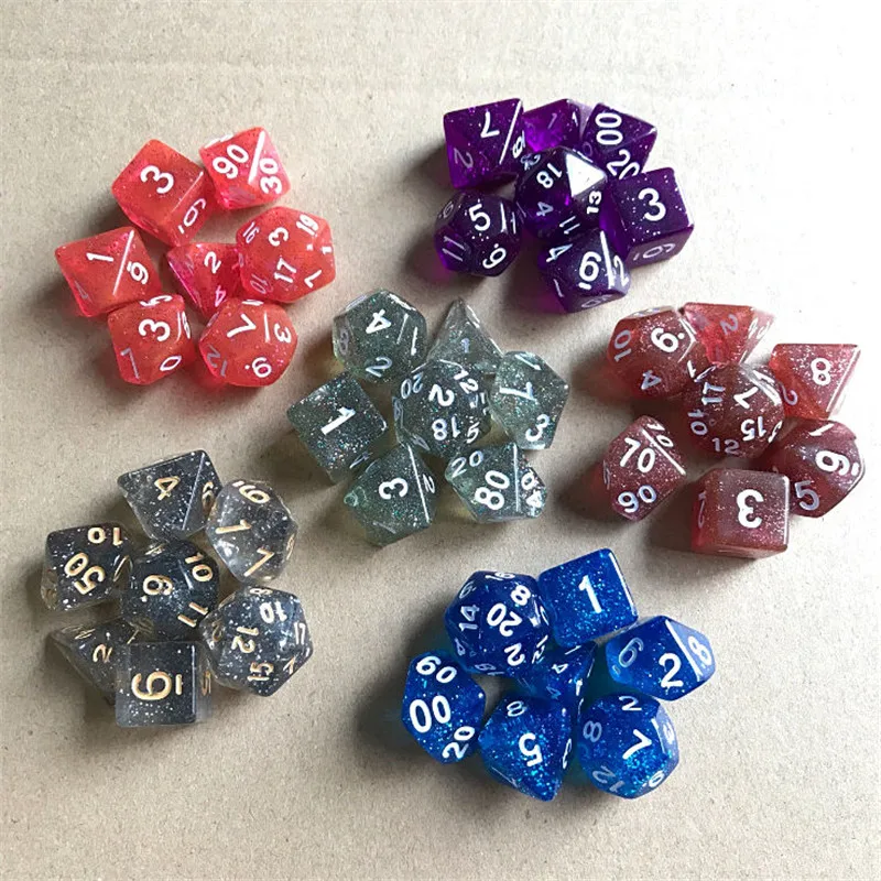 

Wholesale 7pcs / batch of colorful flash polyhedron dice set of 7, RPG D4 D6 D8 D10 D12 D20 D% suitable for games