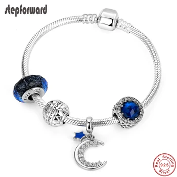 

STEP FORWARD 100% 925 Sterling Silver CZ Star Moon Pendant Forever Love Charm Bracelet & Bangle For Woman Silver Jewelry WLB031