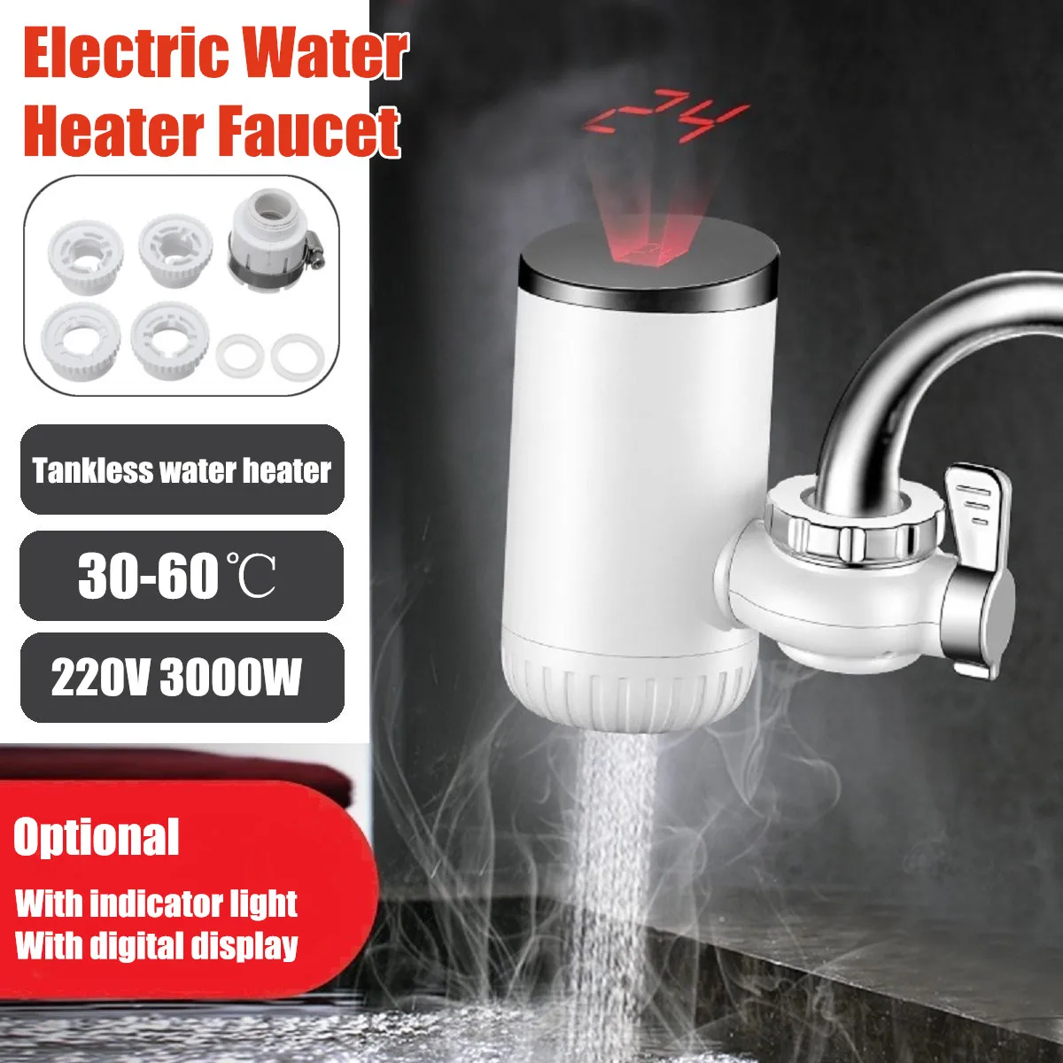 

220V 3000W 30-60C Electric Water Heater Faucet Instant Hot Water Faucet Heater Tap With Indicator Light/LCD Display