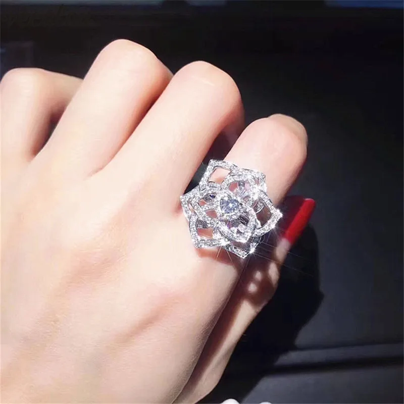 

Vecalon Statement Big Flower ring 925 Sterling Silver AAAAA Cz Engagement wedding band rings For women men Party Finger Jewelry