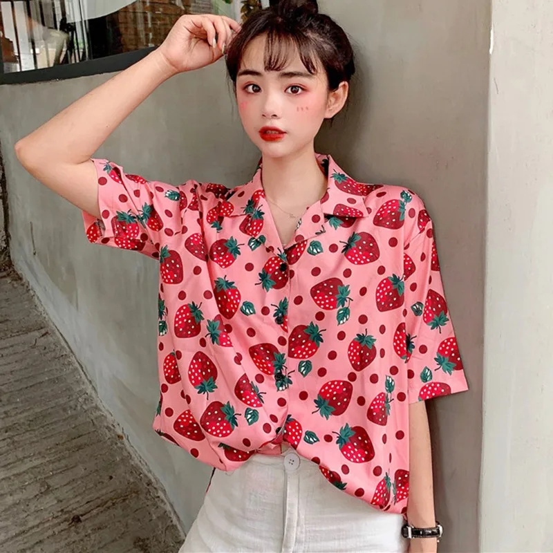 

Turn-down Collar Casual Shirt Short Sleeve Loose Blouse Women Strawberry Print Blouse