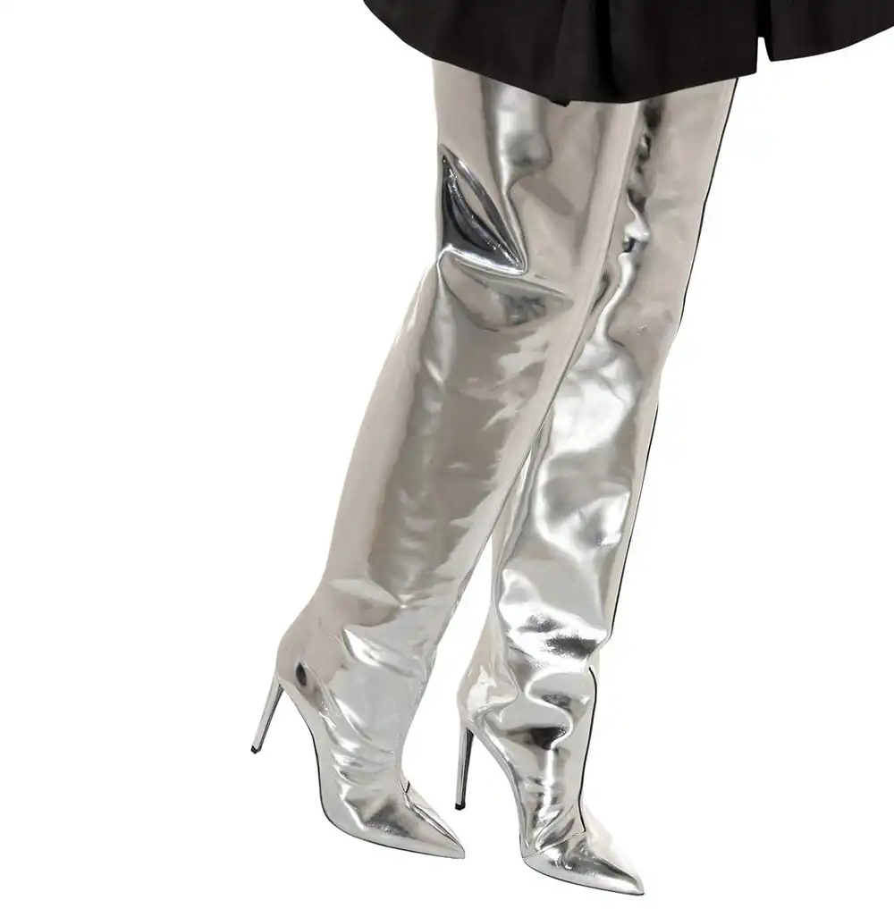 silver metallic thigh high boots