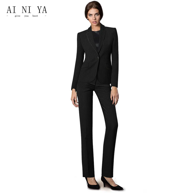 Black White Striped Pattern Elegant Pant Suits For Women Business