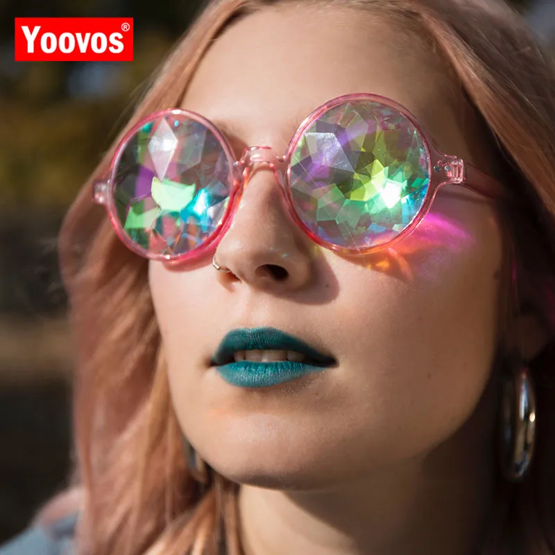 

Yoovos 2019 Fashion Round Glasses Rave Mosaic Crystal Sunglasses Club Party Psychedelic Prism Diffracted Lens Sun Glasses