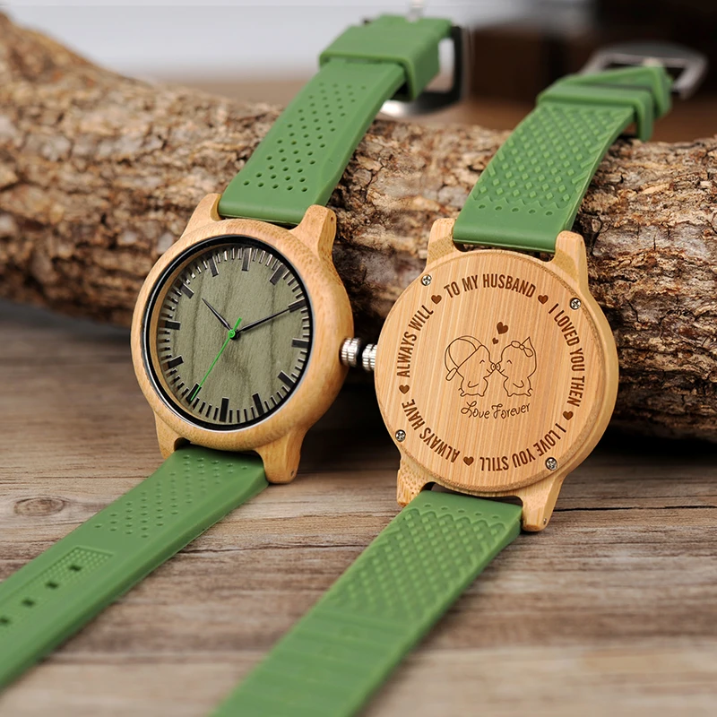 Personalized Wood Watch Engraving Your Own Logo Men Quartz Silicone Band Wristwatch Best Gift for Husband Birthday Gift