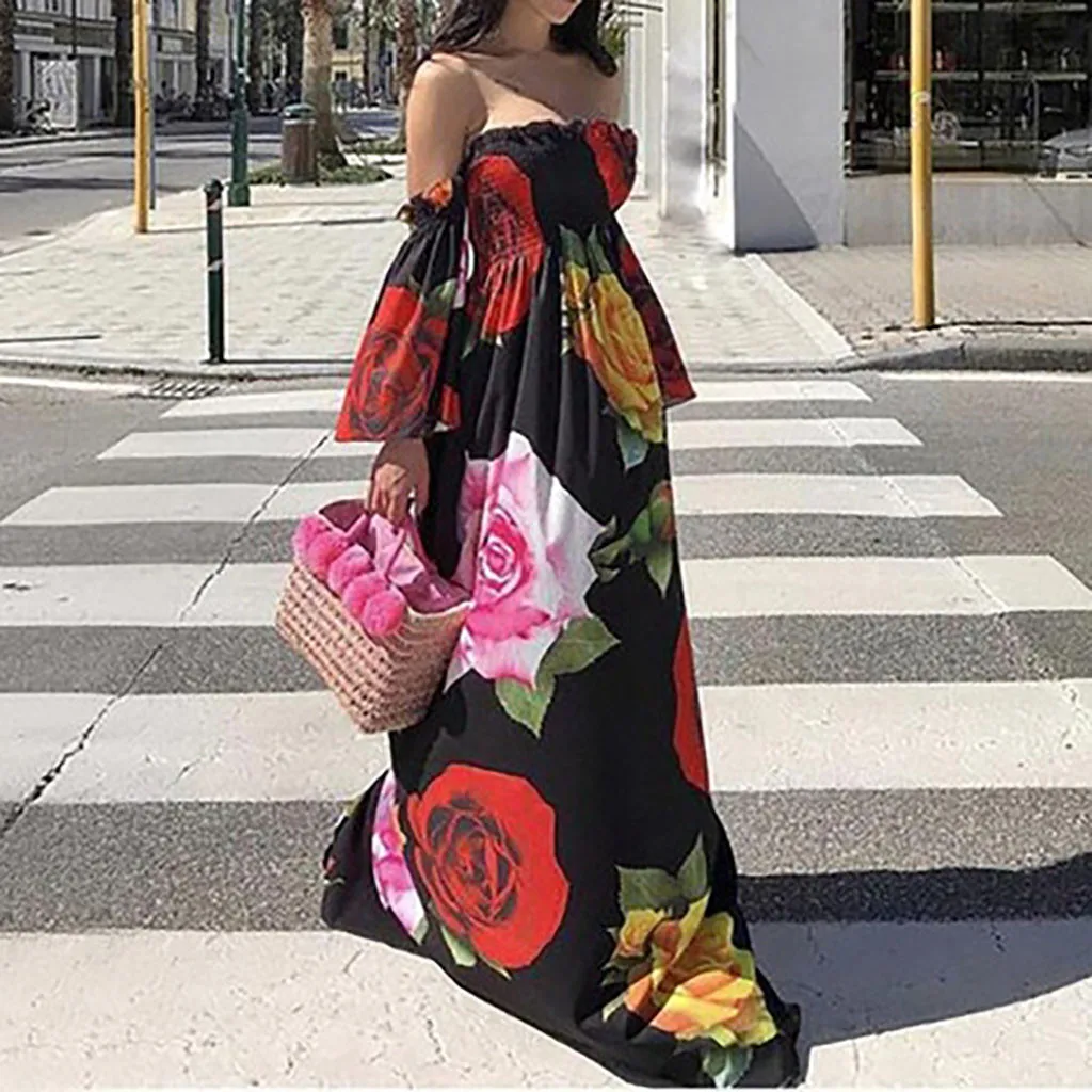 

Summer Women Sexy Dress Vintage Beach Printed Summer 2019 Elegant Women Sexy Dress Short Sleeve Slim Maxi Dress Thin Long Dress
