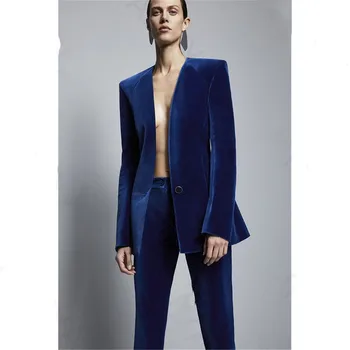 

Blue Royal Velvet Jacket Pants Sets Formal Stylish Business Suits For Business Women Slim Fit Suits Women's Office Uniform