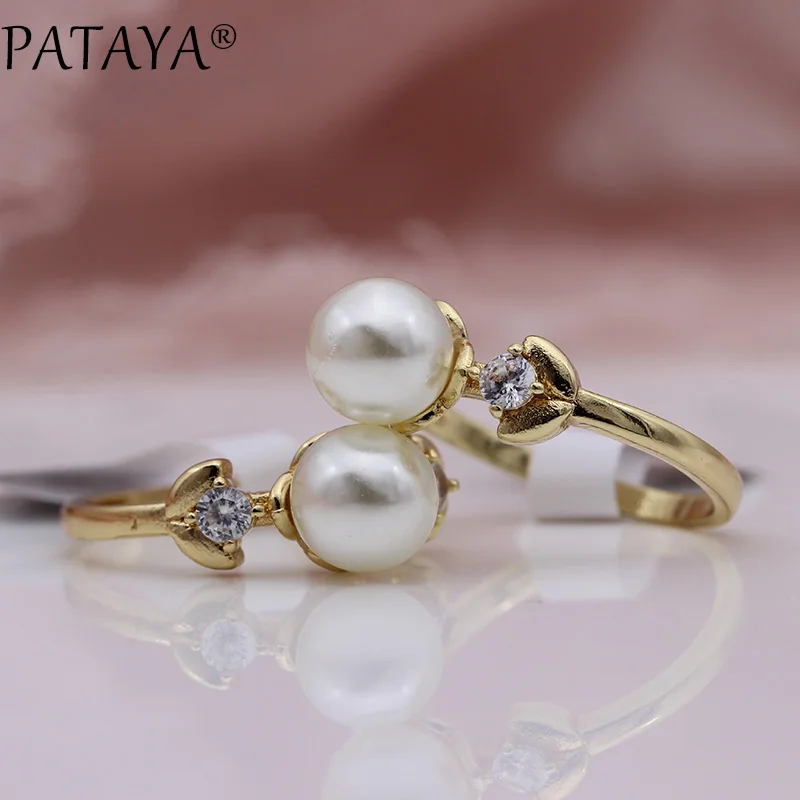 PATAYA New Champagne Gold Imitation Pearls Round Natural Zircon Rings Women Wedding Party Jewelry Leaf shape Girls Cute Ring