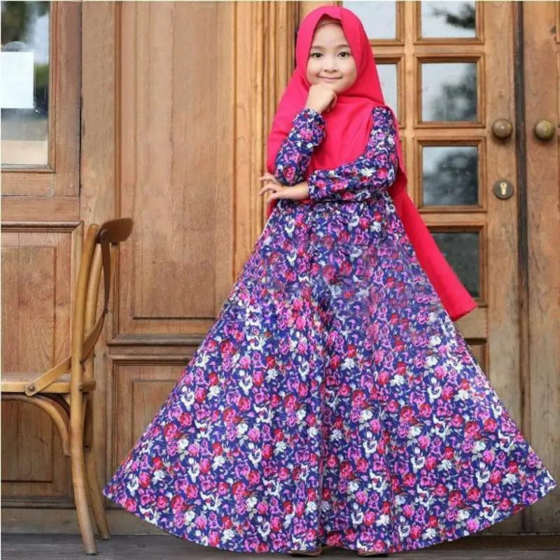 Комплект из 2 предметов, длинное мусульманское платье для девочек, комплект-хиджаб, с цветочным принтом, кафтан, арабский, Абая, джилбаб, Рамадан, полная защита, Исламская одежда, новинка - Цвет: Фиолетовый