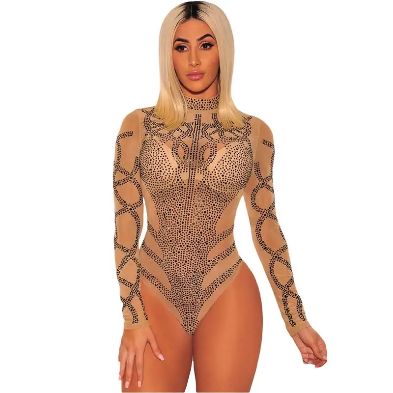 ADEWEL Black Gold Rhinestone Mesh Bodysuit Women Long Sleeve Faux Bustier Sexy Bodysuit Bodycon Body Romper Overalls  (6)