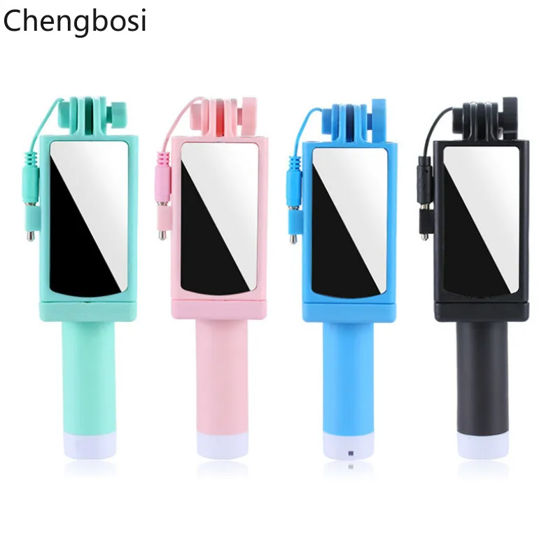 Universal Wired Selfie Stick with Mirror for IPhone 6 5 Xiaomi Android Phone Candy Monopod Palo Selfie Stick Tripod Holder