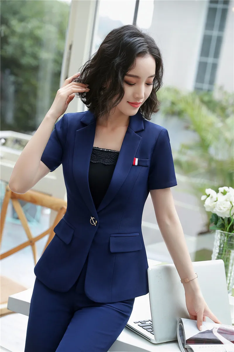 

New Summer Fashion Uniform Styles Female Pantsuits With 2 Piece Tops And Pants For Office Ladies Beauty Salon Blazers Sets