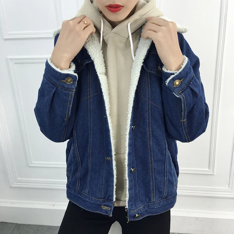 Autumn Spring Thicken Lambs Wool Basic Denim Jacket Women Corduroy Loose Long Sleeve Coat Warm Velvet Jeans Outerwear