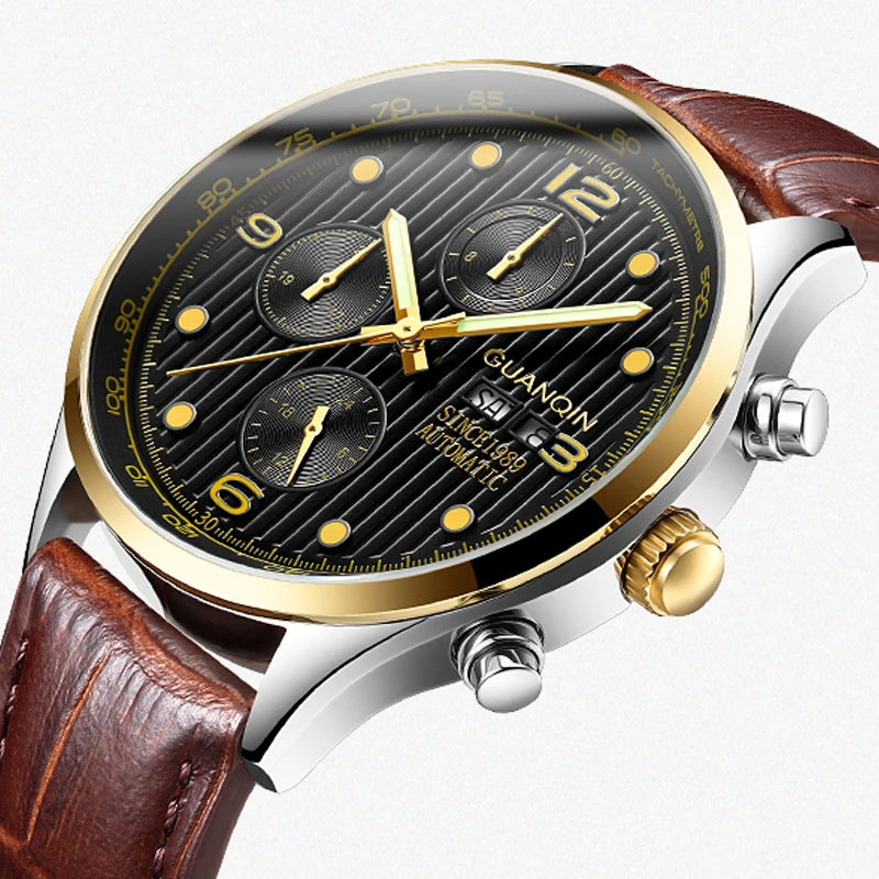 

GUANQIN Luxury Brand Classic Men Automatic Date Luminous Clock Men's Fashion Casual Leather Strap Waterproof Mechanical Watches