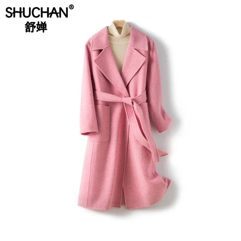 Shuchan Winter Wool Long Wool Coat Turn-down Collar Adjustable Waist Solid Woolen Office Lady Coats and Jackets Women