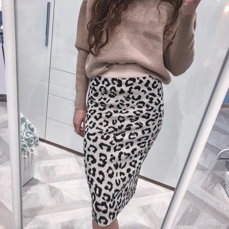 Online Mooirue otoño primavera mujer Leoaprd falda elástica de alta cintura que hace punto Femme Jupe Kawaii falda Beige gris Sexy lápiz Jupe Bottom