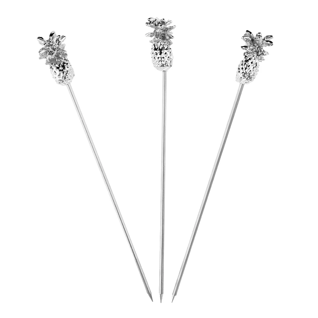 3PCS Stainless Steel Swizzle Sticks Fruit Pineapple Stick Cocktail Pick for Kitchen Bar Accessory Rose Gold