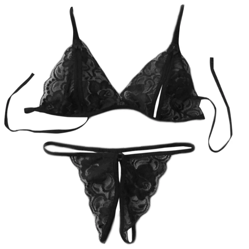 Womens Lingerie Lace Babydoll 2 Piece Bras Set With Bow Open Cup Crotchless Sexy Briefs