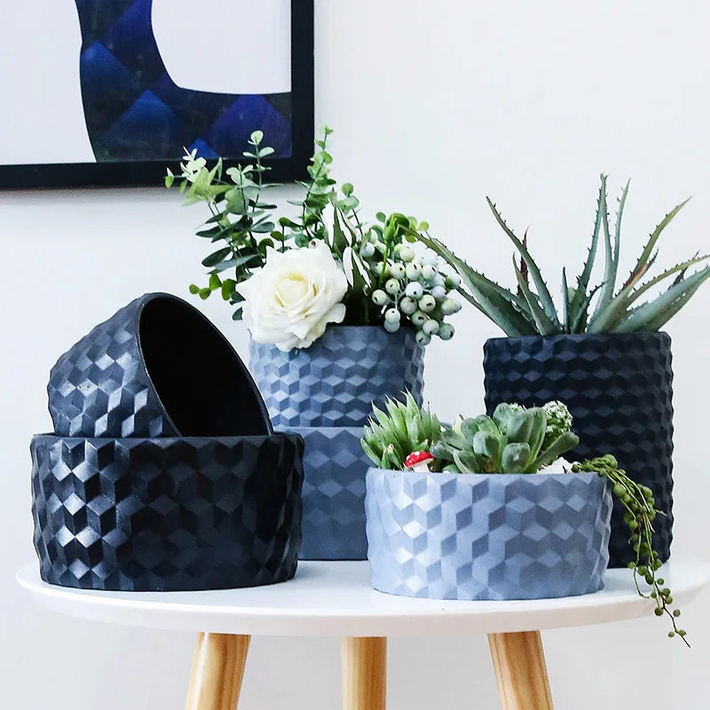 

Cylindrical Geometry Nordic Planter Pot Cement Disk Blue-black Multi-function Key Tray Large Flower Pot Europe Cement Flower Pot