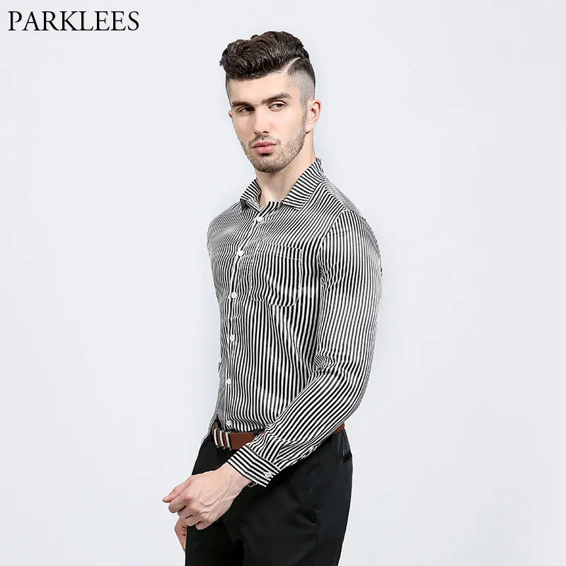 

Fashion Striped Smooth Silk Shirt Men 2018 Slim Fit Long Sleeve Dress Shirts Mens Nightclub Stage Prom Shirt Male Camisa Social