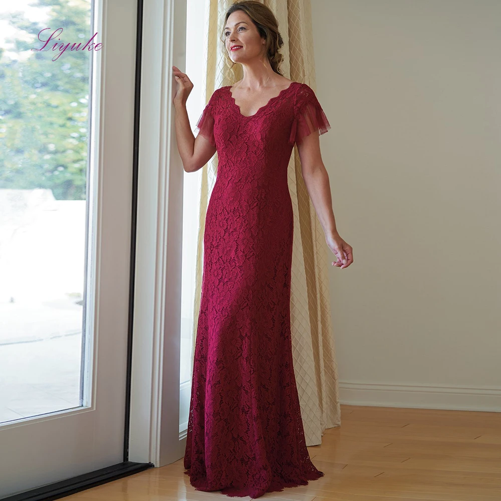 Liyuke/2019; платья для матери невесты с v-образным вырезом и расклешенными рукавами; кружевные аппликации; большие размеры; длинные элегантные