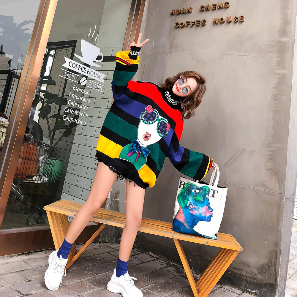 2019 Spring rainbow stripes loose plus size sweaters women fashion puff sleeve turtleneck knitted sweaters 2019 Spring rainbow stripes loose plus size sweaters women fashion puff sleeve turtleneck knitted sweaters