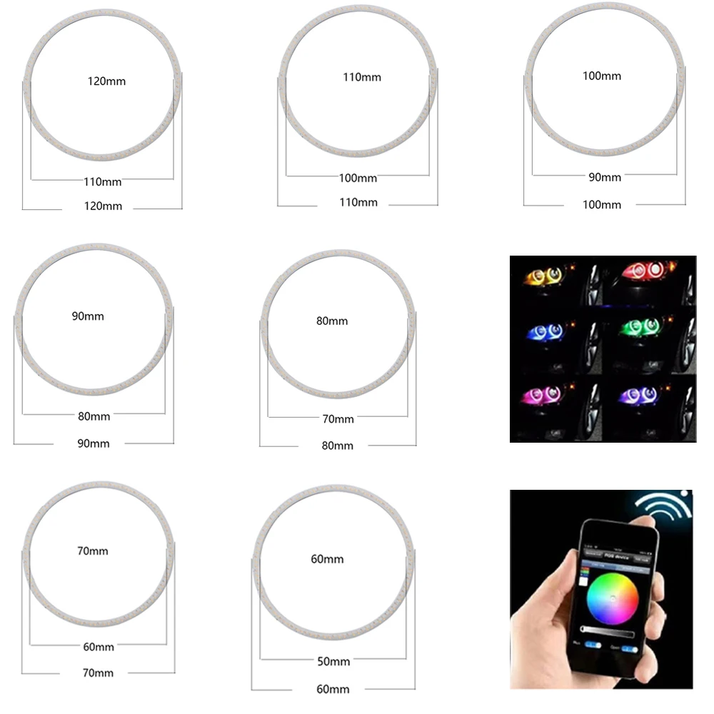 2PCS/Set Car Halo Rings RGB APP Bluetooth Angel Eyes Wierless for Car Motorcycle Headlight 60MM 70MM 80MM 90MM 100MM 110MM 120MM car headlight