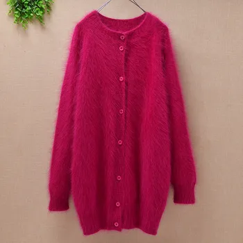 

Female women warm genuine plush mink cashmere medium long cardigan loose long sleeves angora rabbit knitted sweater coat winter
