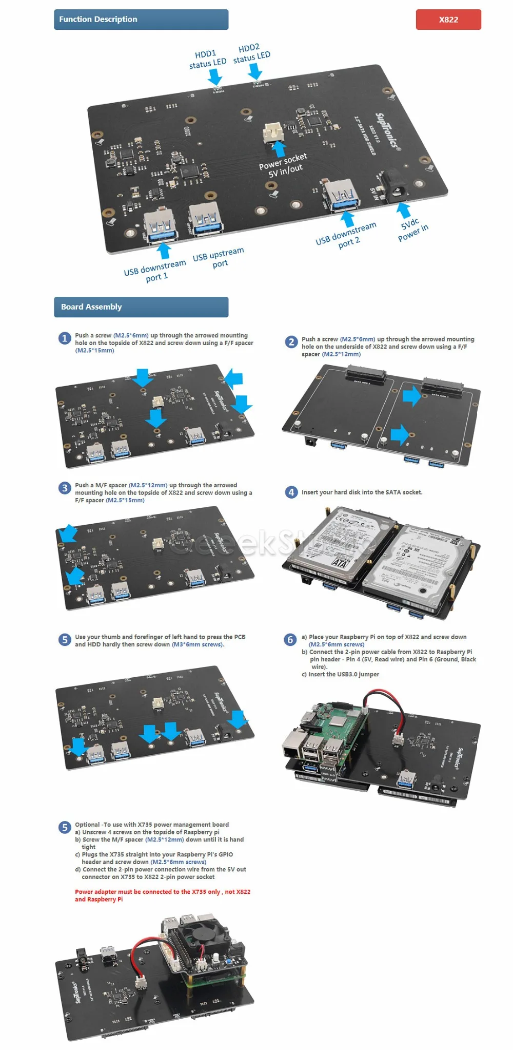 X822 двойной 2," жесткого диска SATA HDD/SSD экранированный USB 3,0 Плата расширения Мощность адаптер для Raspberry Pi 1 Модель B+/2/Note 3(B плюс)/ROCK64