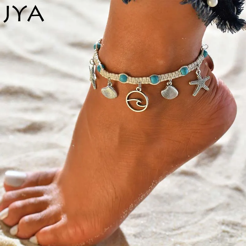 

JYA Women Anklets Seaside Beach Bohemia Style Charm Ankle Bracelet Handmade Knitted Trendy Wave Shell Turtle Silver Accessories