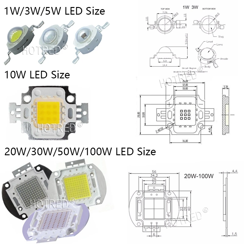 Светодиодный светильник 1 Вт, 3 Вт, 5 Вт, 10 Вт, 20 Вт, 30 Вт, 50 Вт, 100 Вт, высокая мощность, чип COB, Теплый Холодный белый, красный, зеленый, синий 1, 3, 5, 10, 20, 50, 100 Вт, светодиодные лампы