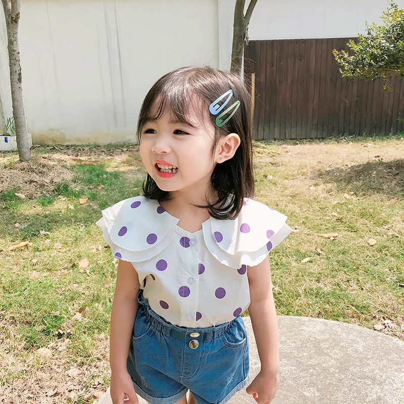 

2019 Summer New Arrival korean style cotton dot pattern sleeveless shirt with Lotus Leaf-edge Large Lapel for cute baby girls
