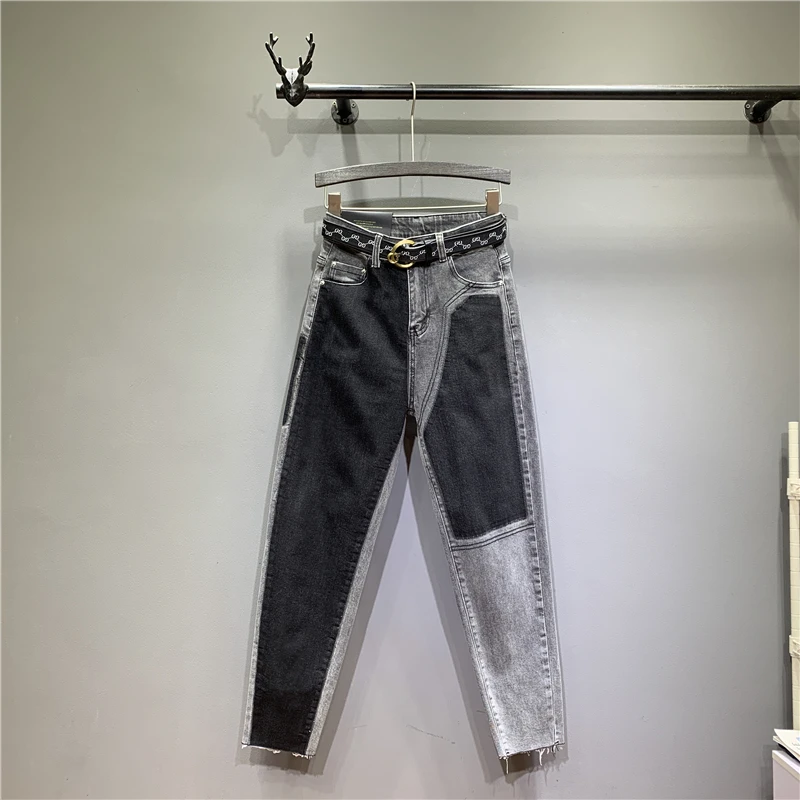 

Smoke Gray Women Denim Pants New Spring Autumn Ultra Long Color Block Female Denim Trousers Beggar Straight Jeans for Mujer