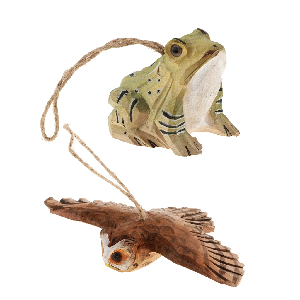 100% Hand Carved Owl & Frog Hanging Animal Statue Figurines Sculpture Wooden Hanging Ornament Home Garden Rustic Decorations