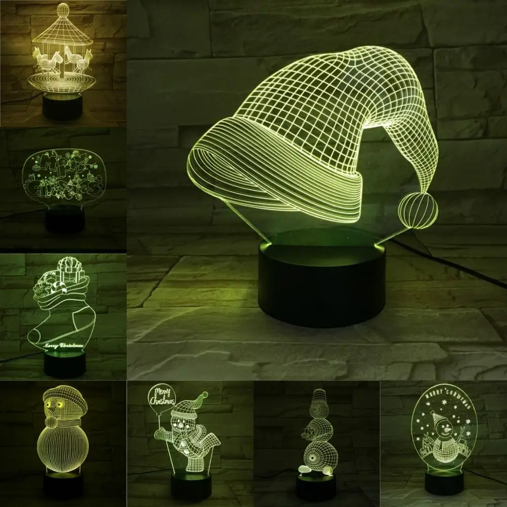 Christmas Serise USB 3D Lamp Hat Snowman Carousel Night Light Atmosphere Lighting Holiday Decoration Gifts For Kids Party Decora | Лампы и