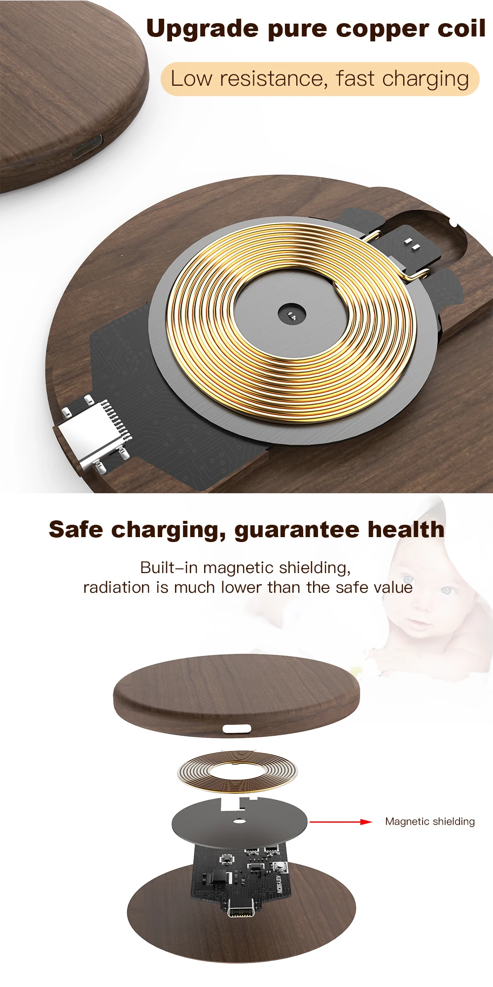 KEYSION 10W Qi Fast Wireless Charger for iPhone 11 Pro XS Max XR 8 Plus Wooden Wireless Charging Pad for Samsung S10 S9 S8 S7