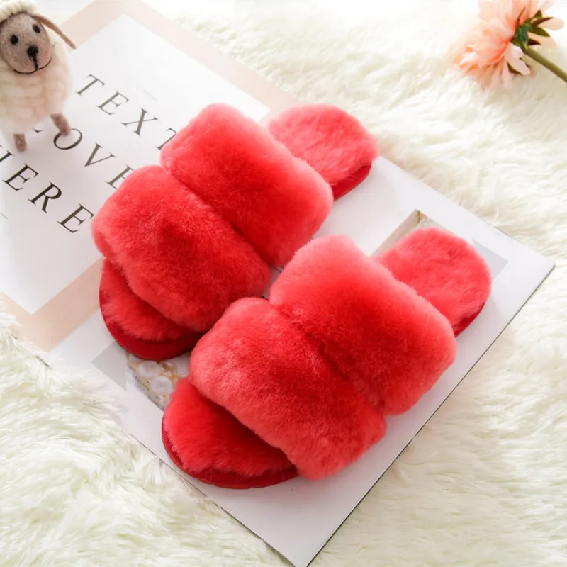 Модные домашние тапочки из натуральной овечьей кожи; зимние женские домашние тапочки; меховые тапочки; шерстяные Вьетнамки; женская домашняя обувь - Цвет: red as  picture
