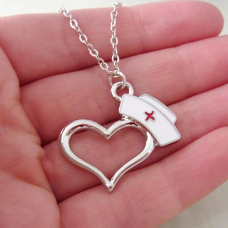 Stainless Steel Enamel Nurse Hat Heart Charms Pendant Necklace Nurse